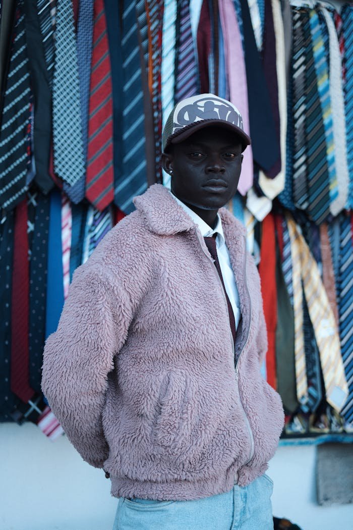 Stylish young man in pink jacket stands in front of colorful ties display.